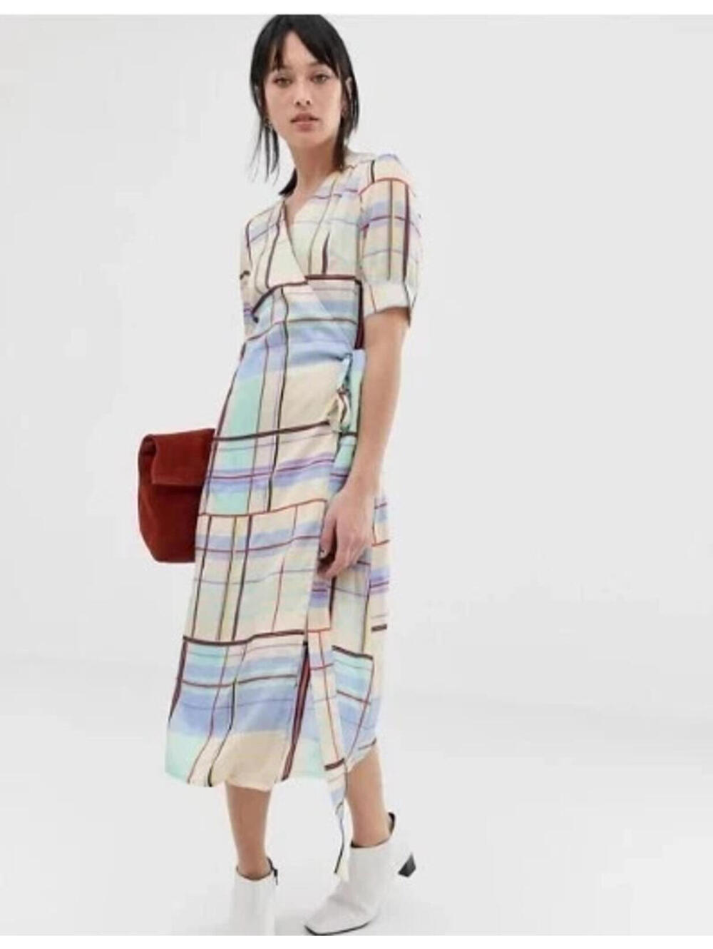 NWT Gestuz Ambina Wrap Midi Dress Size 34 / S Plaid Check Satin Danish Designer
